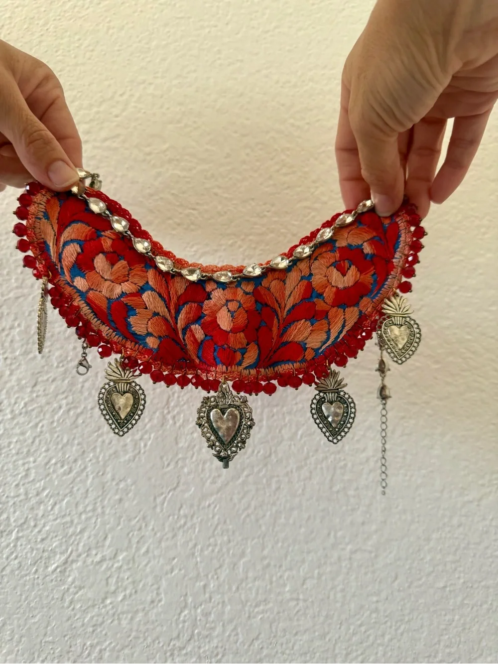 Beaded red Statement hand embroidered necklace